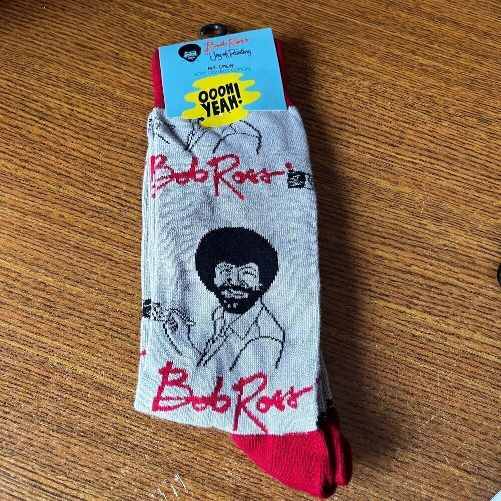 Bob Ross Crew Socks Happy Little Accidents Joy Painting Red grey Men M/L